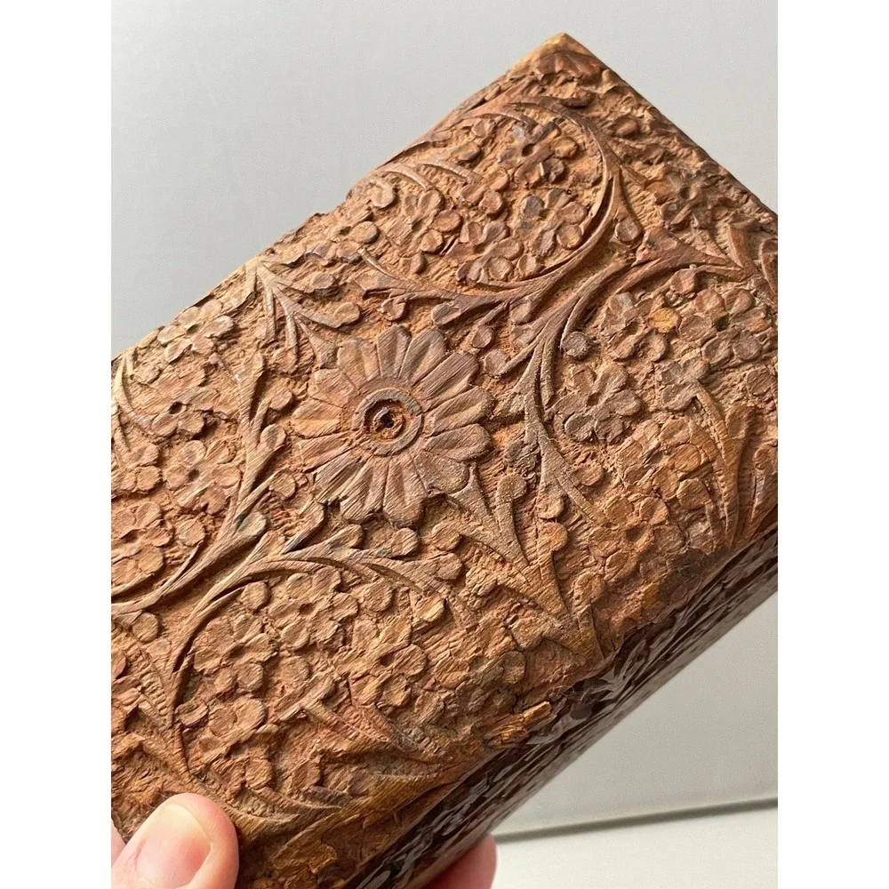 Vintage Carved Wooden Box Jewelry Trinket Floral